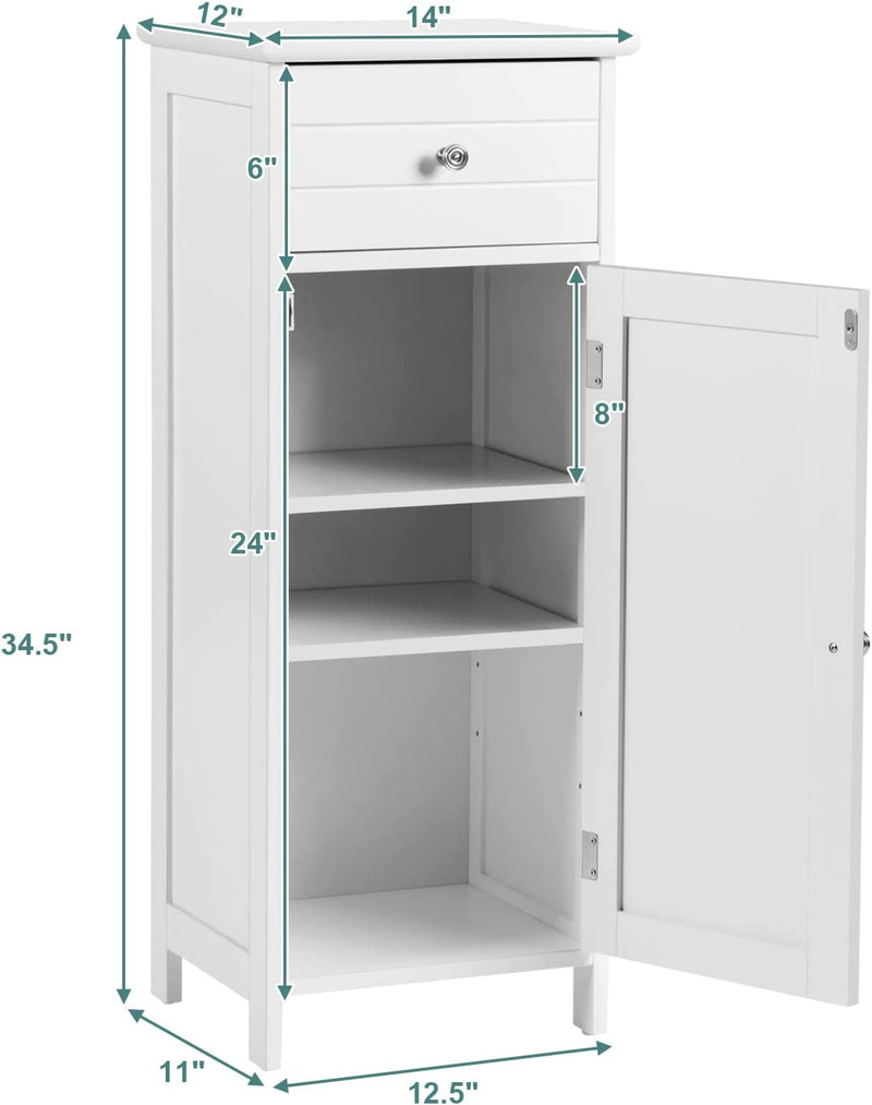 Tangkula Bathroom Floor Cabinet, Freestanding Storage Cabinet with Adjustable Shelf and Drawer, Anti-Tilt Design, Wooden Floor Storage Cabinet for Bathroom Living Room, 14 X 12 X 34.5 Inches (White) Home & Garden > Household Supplies > Storage & Organization Tangkula   