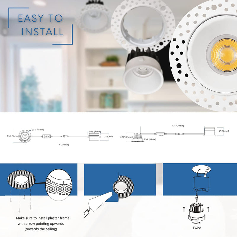 Perlglow 2 Inch Trimless round White Downlight Luminaire, LED Recessed Light Fixtures Ceiling Lights, Dimmable 8W=65W, 600 Lumens, CRI 90+, IC Rated, 5CCT Selectable 2700K|3000K|3500K|4100K|5000K Home & Garden > Lighting > Flood & Spot Lights Perlglow   