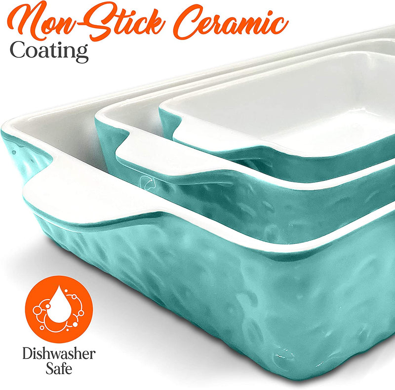 Nutrichef 3Pcs. Nonstick Bakeware PFOA PFOS PTFE Tray Set W/Odor-Free Ceramic, 446°F Oven Microwave/Dishwasher Safe Rectangular Baking Pan, Aqua