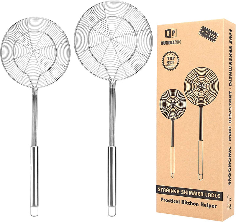 Pack of 2 Large Spider Strainer, Stainless Steel Skimmer Basket,Kitchen Ladle Strainers,Mesh Spoons with Long Handle, Cooking Tools for Frying, Boiling Noodles, Dumplings, Pasta Home & Garden > Kitchen & Dining > Kitchen Tools & Utensils BundlePro   