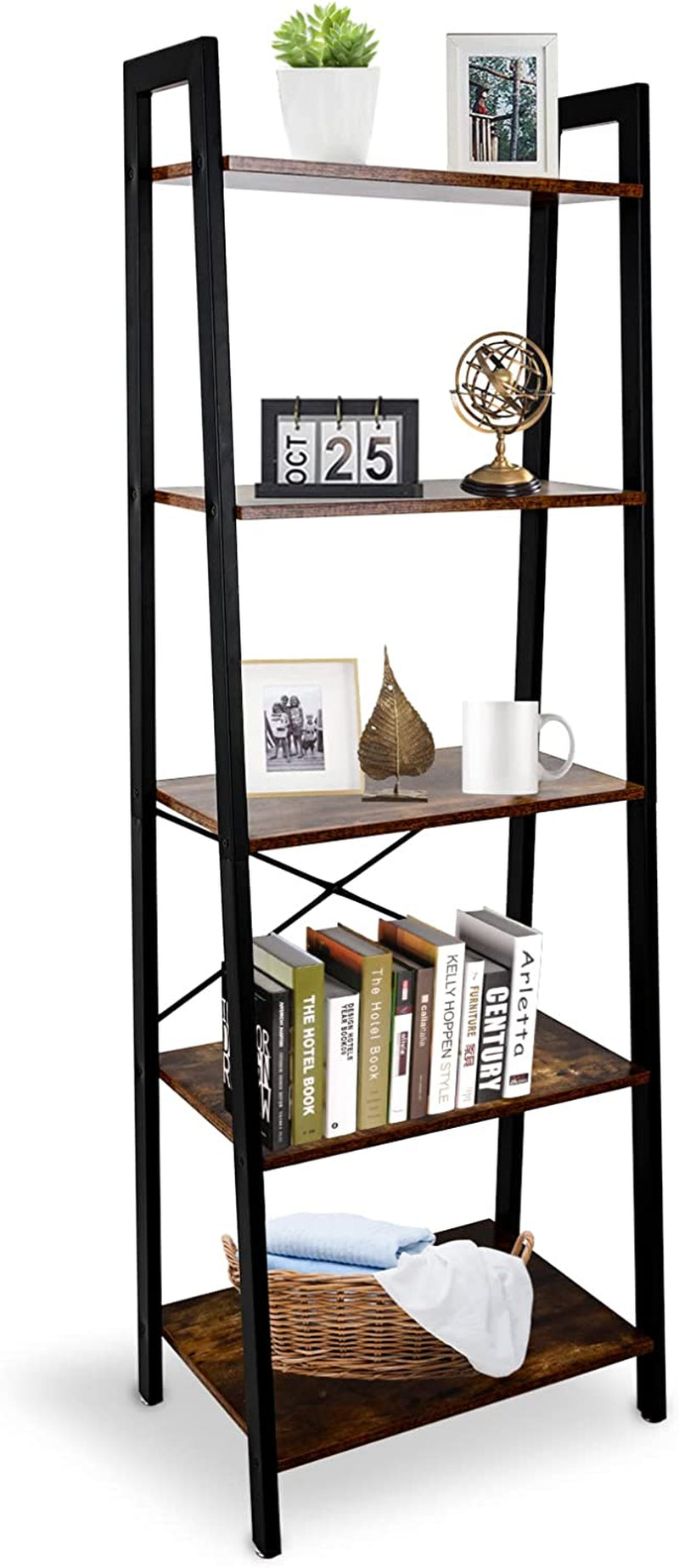 ECOMEX 5-Tier Ladder Shelf Industrial Bookshelf, Ladder Bookshelf Open Storage Rack Wood Bookcase with Metal Frame, Freestanding Storage Shelves for Home Office, Bedroom (Rustic Brown) Home & Garden > Household Supplies > Storage & Organization ECOMEX Rustic Brown 5-Tiers Ladder Shelf 