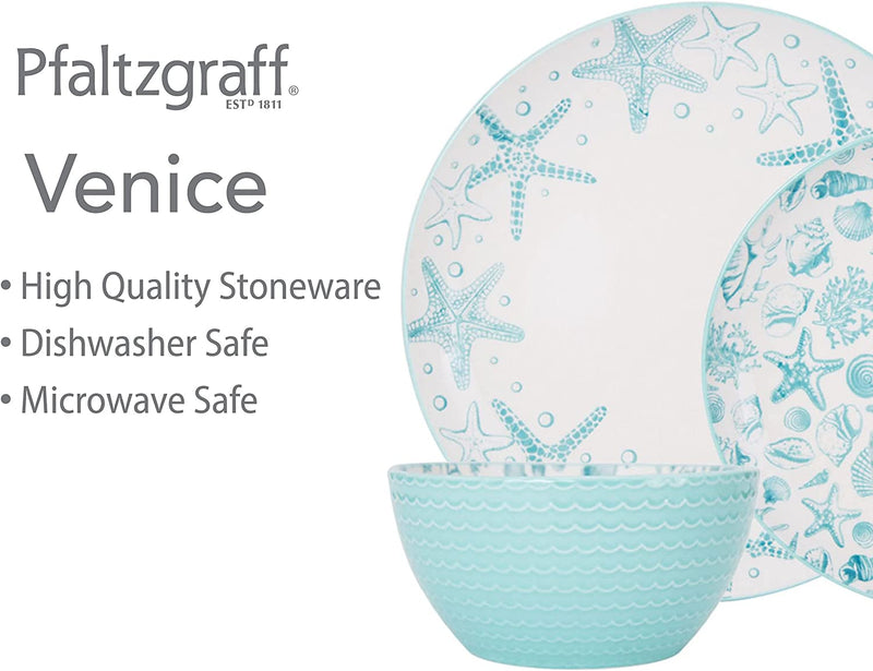 Pfaltzgraff Venice 16-Piece Stoneware Dinnerware Set, Service for 4, Aqua/White -