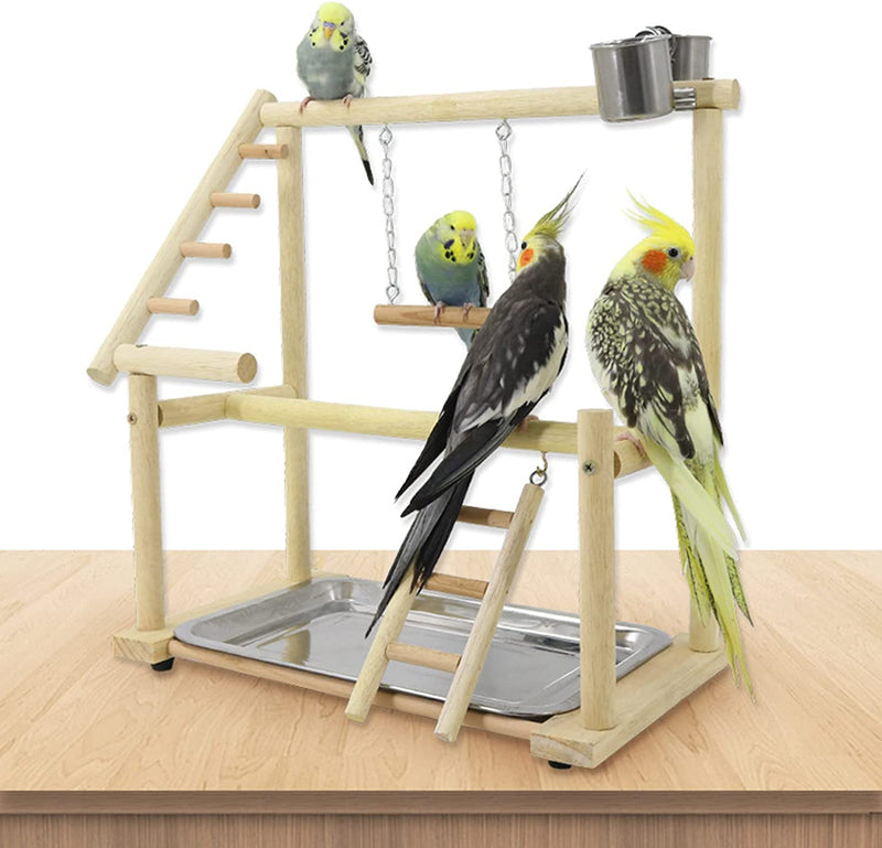 Joyeee Natural Bird Perch Stand, with Playground Ladder, Bird Water Feeder Dishes, Swing, Tray for Cockatiel Parakeet Conure Budgies Parrot Macaw Love Bird Small Birds Animal, 14.5" X 9" X 15.9" M Animals & Pet Supplies > Pet Supplies > Bird Supplies Joyeee   