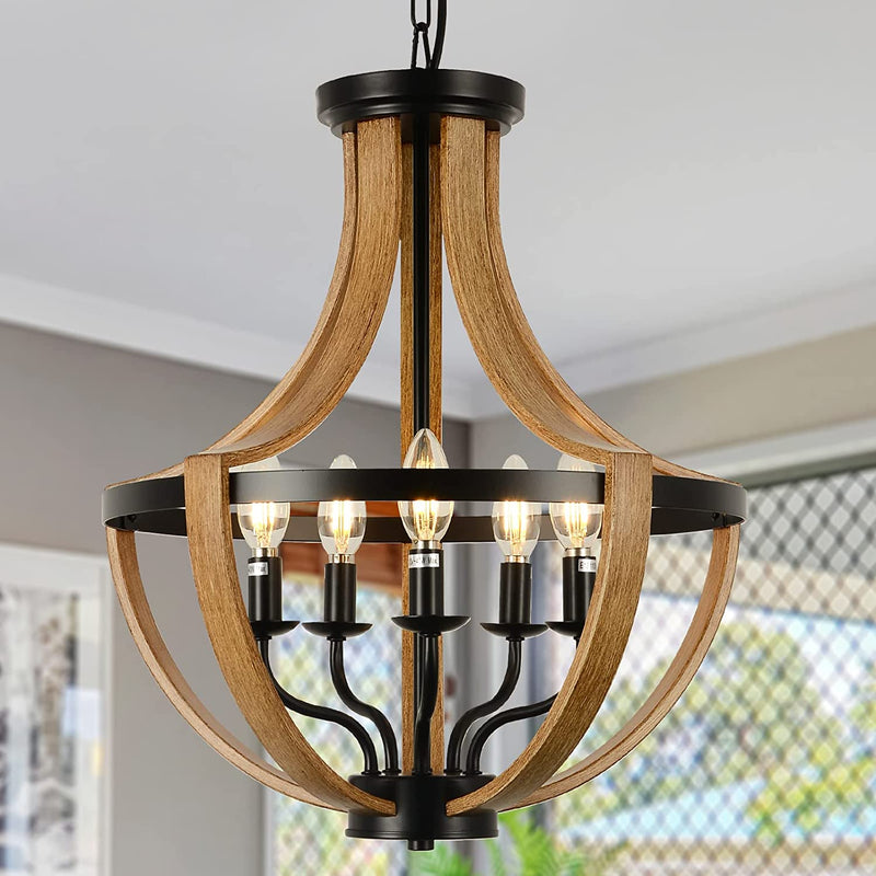 LAMSU 17.7" Farmhouse Chandelier Light Fixtures Included LED Bulbs, 5-Light Modern Chandeliers for Dining Room Kitchen Island Living Bedrooms Foyer Hallway, Height Adjustable Lamp, Faux Wood Finish Home & Garden > Lighting > Lighting Fixtures > Chandeliers LAMSU Bulbs Not Included  