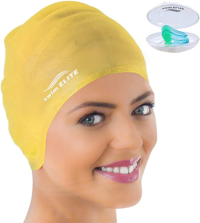 Silicone Swim Cap for Long Hair, Swimming Cap for Women Long Hair, Flexible Adult Swimmers Cap, Waterproof Bathing Swimming Pool Cap with Nose Clip, Stretchy and Lightweight, Keep Hair Dry Sporting Goods > Outdoor Recreation > Boating & Water Sports > Swimming > Swim Caps SWIM ELITE YELLOW  
