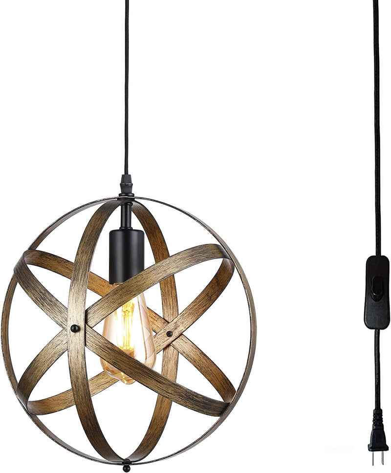 Riomasee Farmhouse Plug in Chandelier Industrial Metal Globe Pendant Hanging Light Fixture with 14.27 Ft Hanging Cord On/Off Switch for Kitchen,Bedroom,Dining Room(Wood Texture) Home & Garden > Lighting > Lighting Fixtures riomasee   