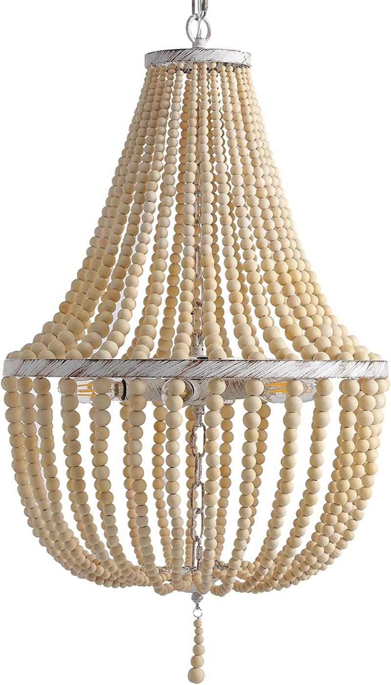3-Light Mini Bohemian Wood Beaded Chandelier Pendant Boho Light Fixture,Antique Metal Finish Natural Color Wooden Beads, for Bathroom,Living Room,Entryway and Bedroom…