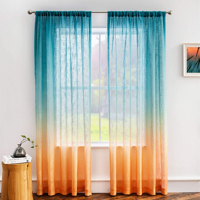 Melodieux Linen Textured Ombre Semi Sheer Curtains 84 Inches Long for Bedroom Living Room Sunset Rod Pocket Gradient Drapes, Orange Green Teal Turquoise Mint, 52 X 84 Inch (2 Panels) Home & Garden > Decor > Window Treatments > Curtains & Drapes Melodieux   