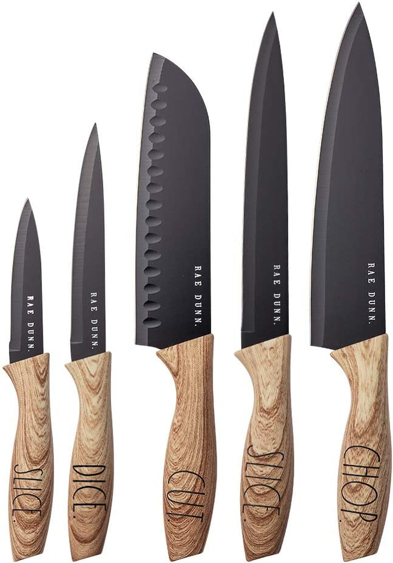 Rae Dunn Everyday Collection Set of 5 Stainless Steel Knives with Sheaths- Chef, Paring, Bread, Santoku Knives- (Black) Home & Garden > Kitchen & Dining > Kitchen Tools & Utensils > Kitchen Knives Enchante Direct Black  