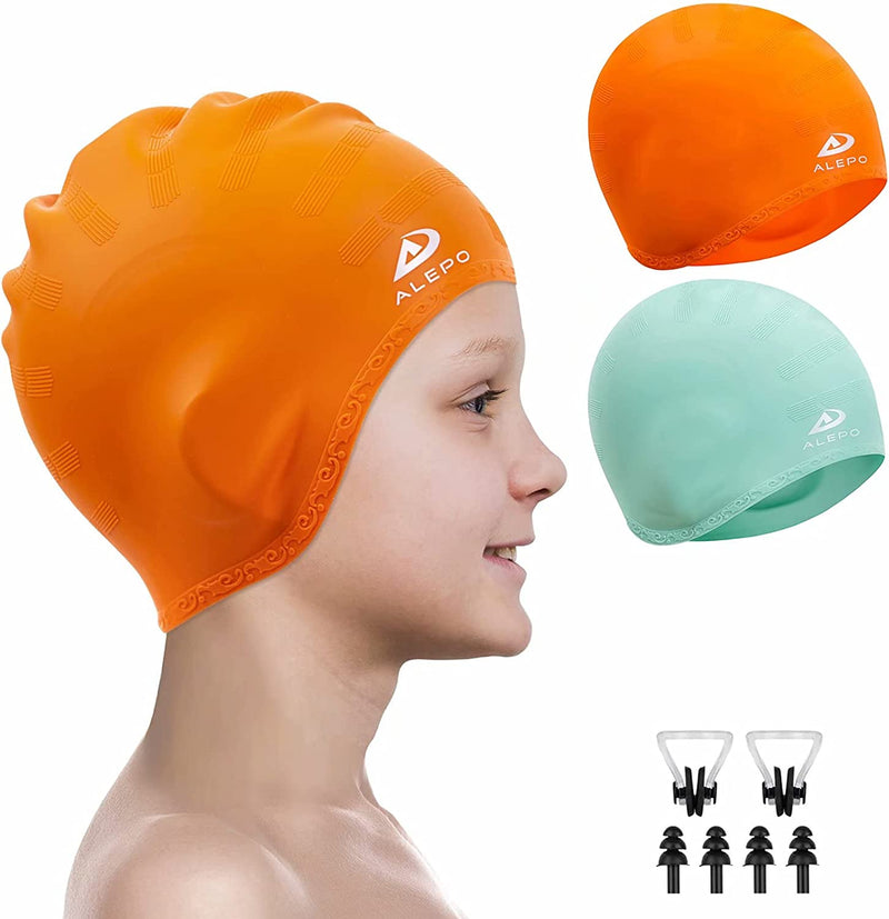 2 Pack Kids Swim Caps for Boys Girls, Durable Silicone Swimming Cap with 3D Ear Pockets for Age 3-15 Toddler Child Youth Teen, Unisex Swim Bath Hats for Short/Long Hair with Ear Plugs Nose Clip Sporting Goods > Outdoor Recreation > Boating & Water Sports > Swimming > Swim Caps Alepo Orange&Green Age 3-8 