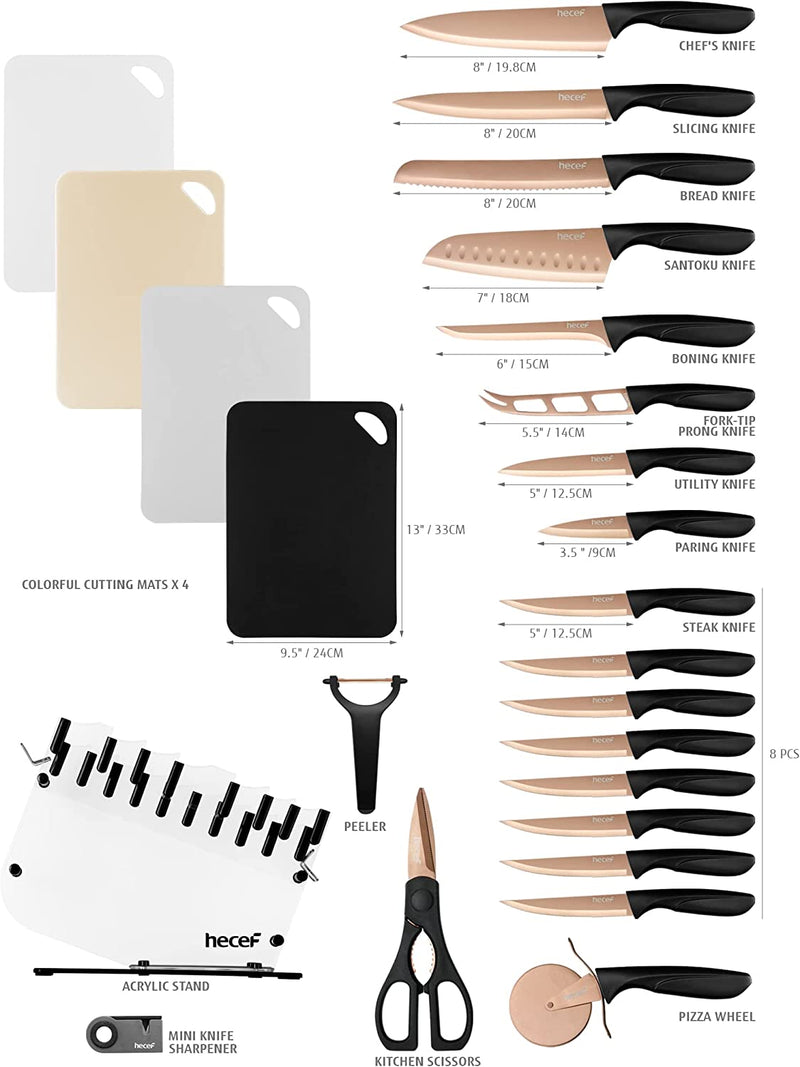 Hecef 25 PCS Rose Gold Titanium Plated Kitchen Knife Set with Block and Cutting Mats, Cutlery Knife Set with Sharp Serrated Steak Knives, Boning Knife, Scissors, Sharpener, Peeler and Acrylic Stand Home & Garden > Kitchen & Dining > Kitchen Tools & Utensils > Kitchen Knives hecef   