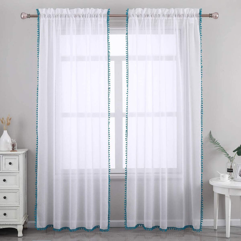 SPXTEX White Sheer Curtains 96 Inches Long Navy Pom Poms Curtains for Bedroom Light Filtering Long Semi Sheer Curtains for Living Room Farmhouse Window Treatment Curtains 2 Panels 38 X 96 Length Home & Garden > Decor > Window Treatments > Curtains & Drapes SPXTEX Aqua W52 x L72 