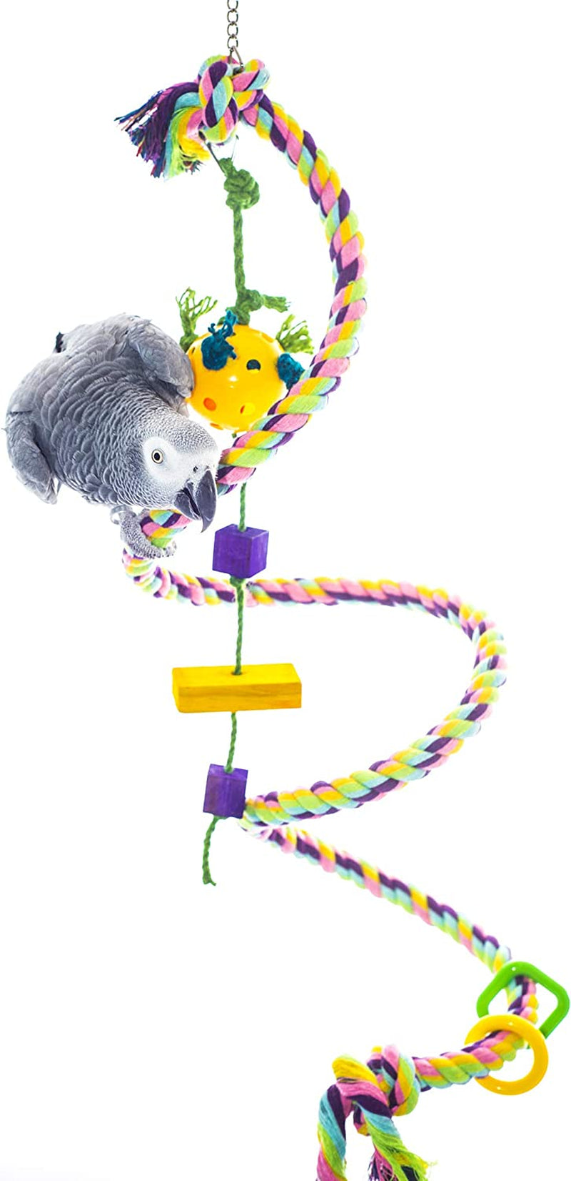 Birds LOVE Cotton Boing N' Toy with Plastic Chews & Toy Rattle Ball on Sisal Rope, African Congo, Goffin Cockatoo, Mini Macaw, Yellow Naped , Size MD: 0.87"Dia*63"L (Full Length If Straightened) Animals & Pet Supplies > Pet Supplies > Bird Supplies > Bird Toys Birds LOVE   