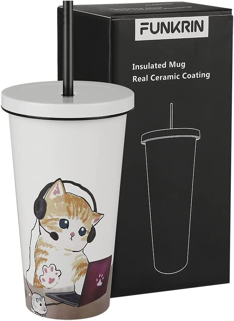 Funkrin Insulated Travel Coffee Mug with Ceramic Coating, Personalized Gifts for Men Women Kids, 16Oz Stainless Steel Tumbler with Flip Lid Portable Handle, Double Wall Leak-Proof Thermos Mug Home & Garden > Kitchen & Dining > Tableware > Drinkware Funkrin Cat 18oz 