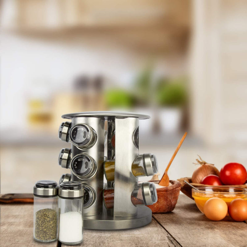 Evelyne GMT-10341-12 Stainless Steel Revolving Spice Rack 12 Glass Jars Bottles Shakers - Kitchen Countertop Herbs Spices Seasoning Storage Organizer (Spices Not Included) Home & Garden > Decor > Decorative Jars Evelyne   