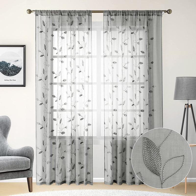 HOMEIDEAS Sage Green Sheer Curtains 52 X 84 Inches Long 2 Panels Embroidered Leaf Pattern Pocket Faux Linen Floral Semi Sheer Voile Window Curtains/Drapes for Bedroom Living Room Sporting Goods > Outdoor Recreation > Fishing > Fishing Rods HOMEIDEAS 3-grey W52" X L84" 