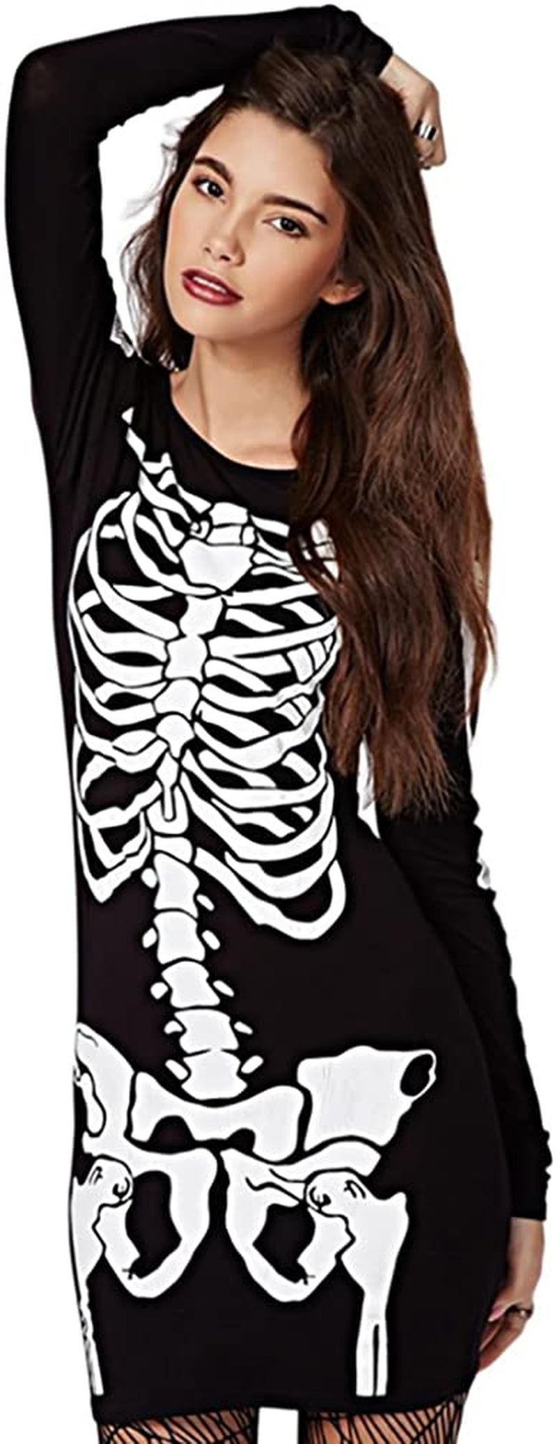 Rieket Women'S Halloween Costume Skeleton Dress Long Sleeves Stretchy Short Mini Dress  RieKet   