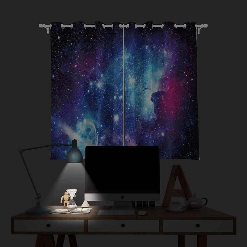 Riyidecor Galaxy Outer Space Nebula Curtains (2 Panels 42 X 63 Inch) Blue Rod Pocket Universe Planets Boys Fantasy Starry Black Art Printed Living Room Bedroom Window Drapes Treatment Fabric WW-CLLE Home & Garden > Decor > Window Treatments > Curtains & Drapes Pan na Blue 42Wx63H (100% Blackout) 