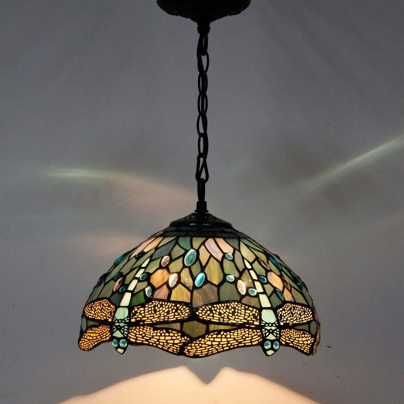 WERFACTORY Tiffany Pendant Light Fixture Sea Blue Stained Glass Dragonfly Hanging Lamp Wide 12 Inch Height 32 Inch S147 Series Home & Garden > Lighting > Lighting Fixtures WERFACTORY   