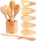 NEET Elevated Wooden Spoons for Cooking 6 Piece Organic Bamboo Utensil Set with Holder Wood Kitchen Utensils Spatula Spoon for High Heat Stirring in Nonstick Pots & Pans Quality Gift & Everyday Use