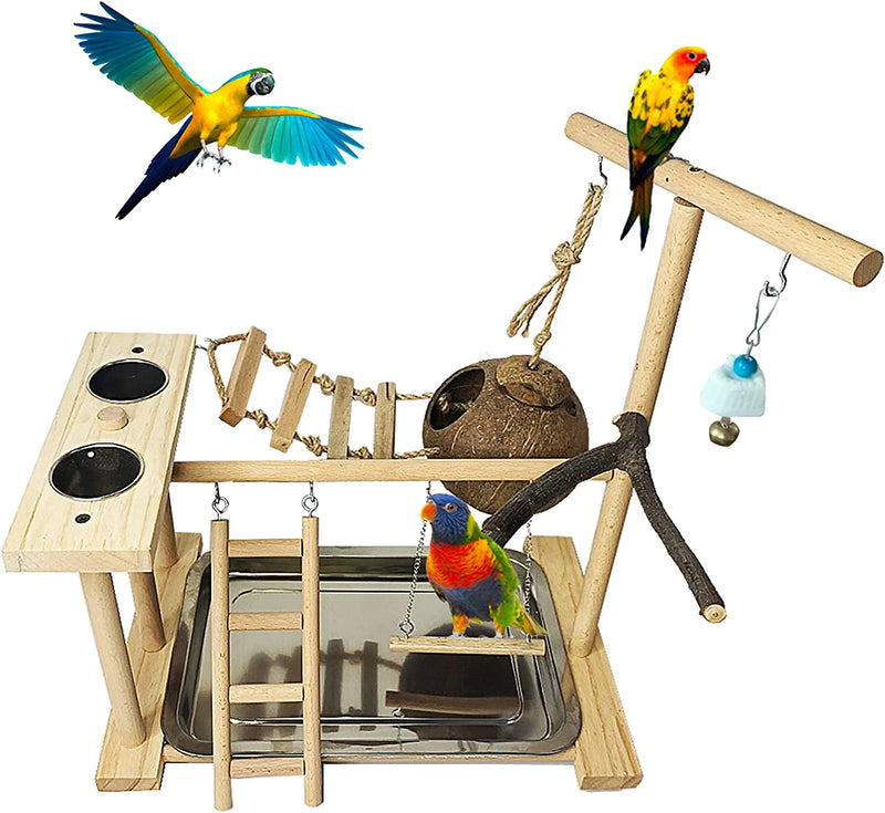 Hamiledyi Parrot Playground Bird Playstand Wood Perch Gym with Feeder Cups Toys Cockatiel Nest with Ladder for Conure Lovebirds