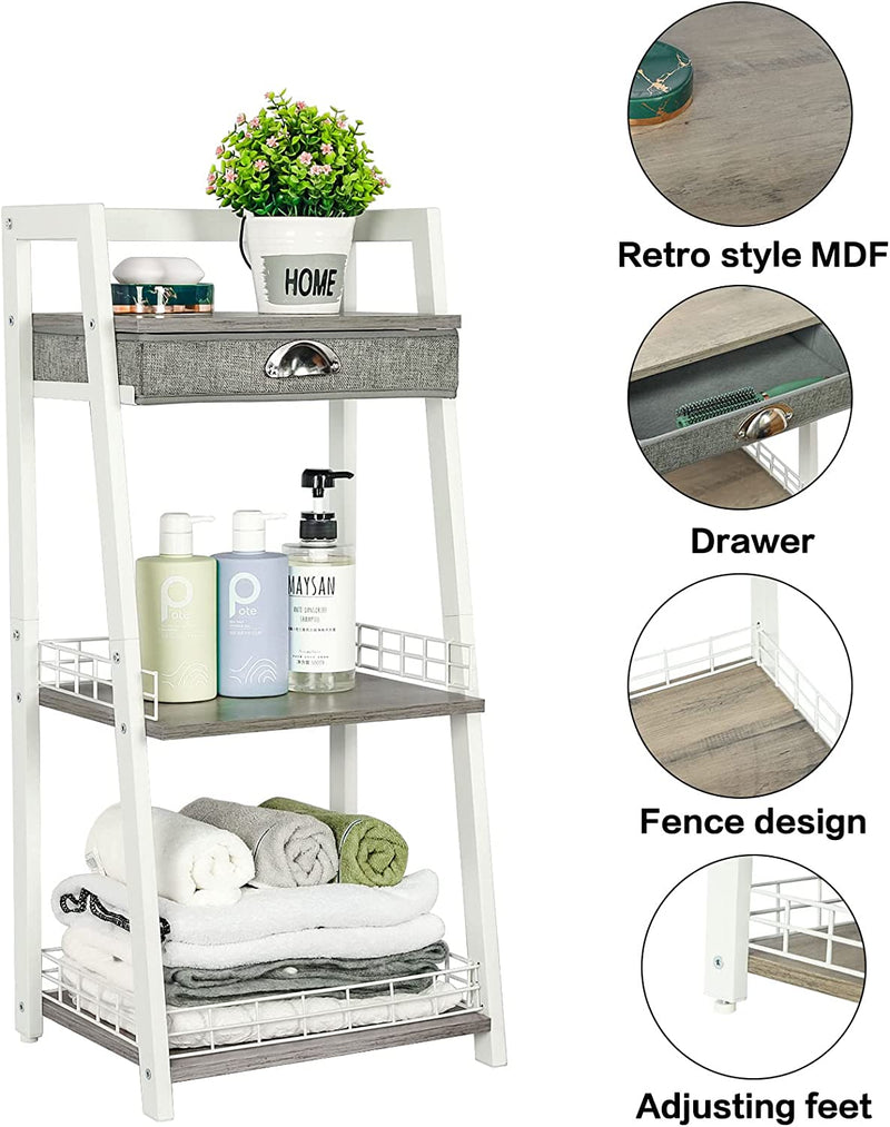 Keomaisyto 3-Tier Bathroom Ladder Shelf, Bathroom Floor Storage Shelf with Drawer, Freestanding Tower Shelf, Open Shelving Unit for Bathroom Living Room Balcony（White）