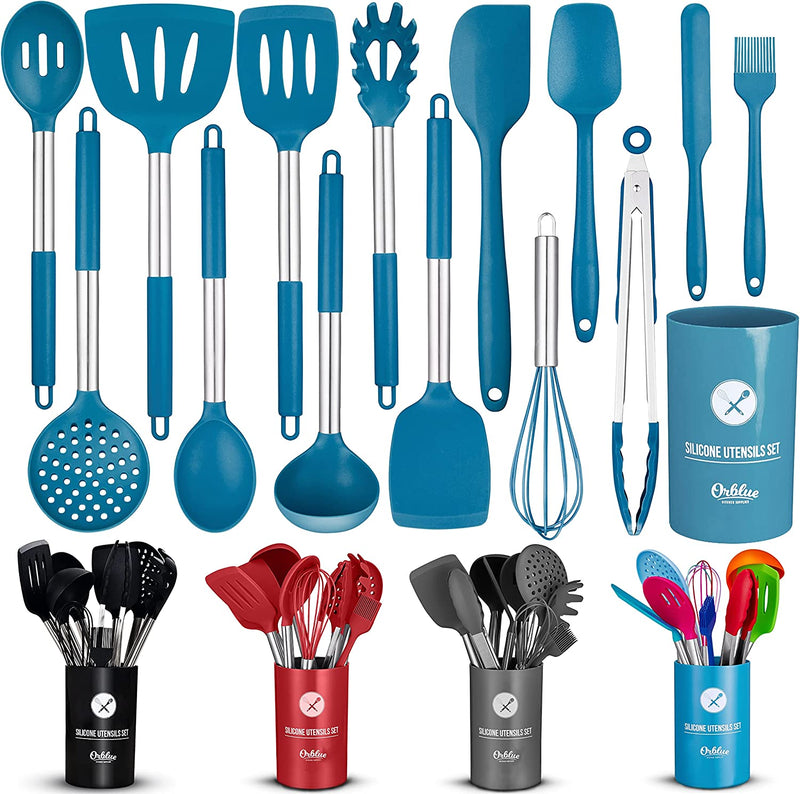 ORBLUE Silicone Cooking Utensil Set, 14-Piece Kitchen Utensils with Holder, Safe Food-Grade Silicone Heads and Stainless Steel Handles with Heat-Proof Silicone Handle Covers, Gray