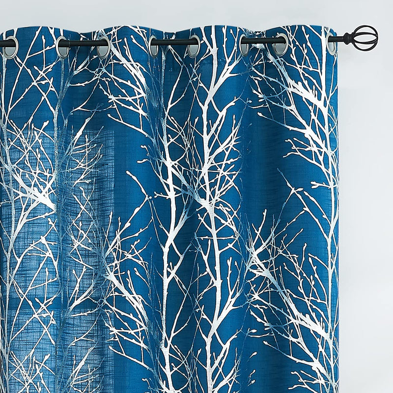 FMFUNCTEX Branch White Curtains 84” for Living Room Grey and Auqa Bluetree Branches Print Curtain Set Wrinkle Free Thick Linen Textured Semi-Sheer Window Drapes for Bedroom Grommet Top, 2 Panels Home & Garden > Decor > Window Treatments > Curtains & Drapes FMFUNCTEX Semi-sheer: Navy + Foil Silver 50" x 96" 