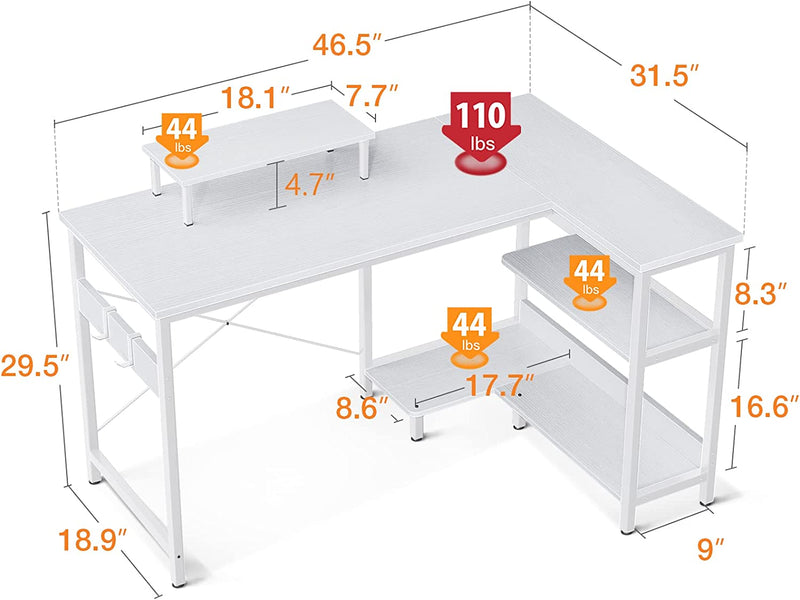 L Shaped Desk with Storage Shelves, 47 Inch Corner Desk with Monitor Stand for Small Space, Writing Study Table for Home Office, White
