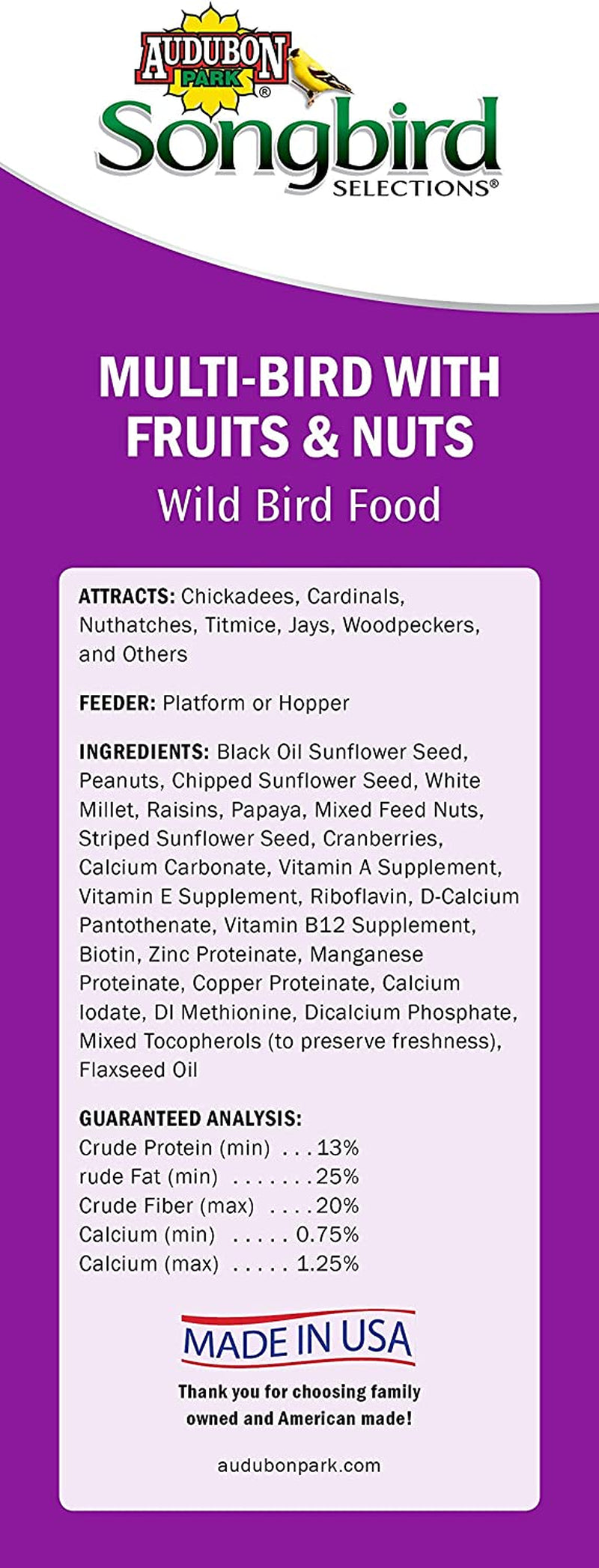 Audubon Park Songbird Selections 11980 Multi Wild Bird Food with Fruits and Nuts, 15 Lb Animals & Pet Supplies > Pet Supplies > Bird Supplies > Bird Food Scotts   