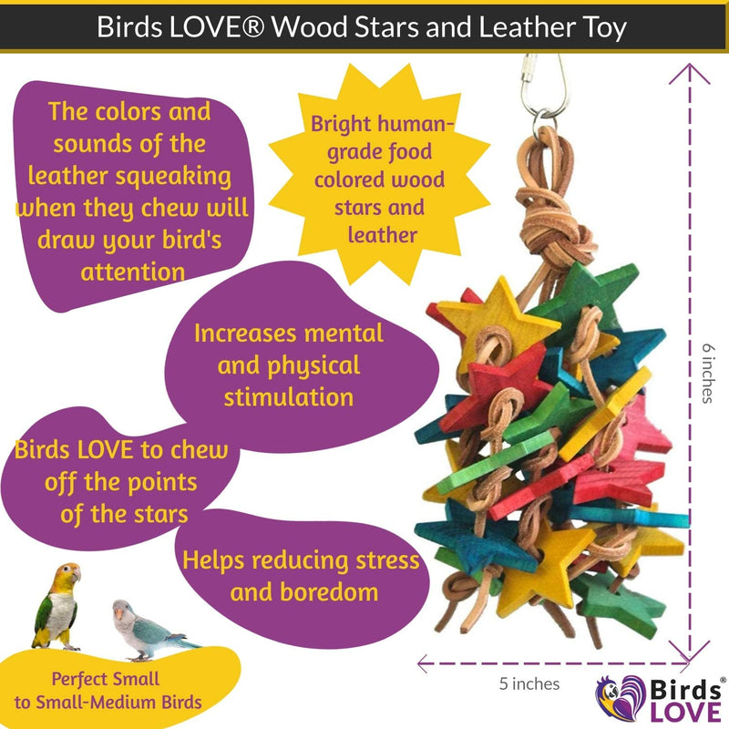 Birds LOVE Wood Stars and Leather Toy for Bird Cage Stand or Playgym, Medium Parrots Conures Quakers Caiques Mini Cockatoos African Grey  Birds LOVE   