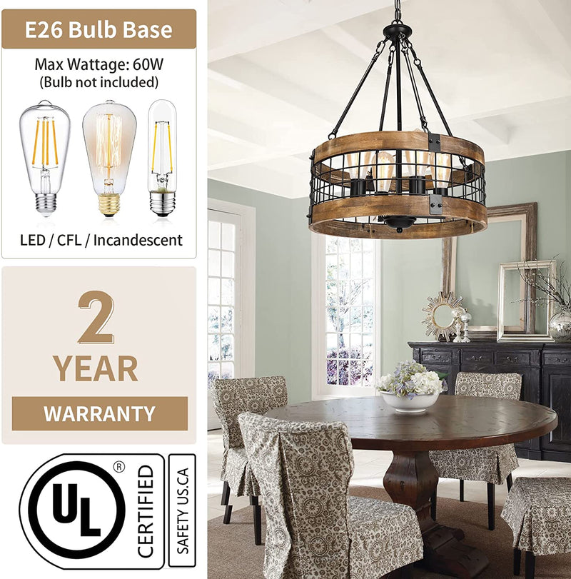 WOAEKR 4-Light Rustic Chandelier for Entryway, round Farmhouse Light Fixtures for Dining Room, Industrial Drum Hanging Pendant Lighting for Kitchen Island, Nature Wood Texture and Black Metal Finish Home & Garden > Lighting > Lighting Fixtures > Chandeliers WOAEKR   