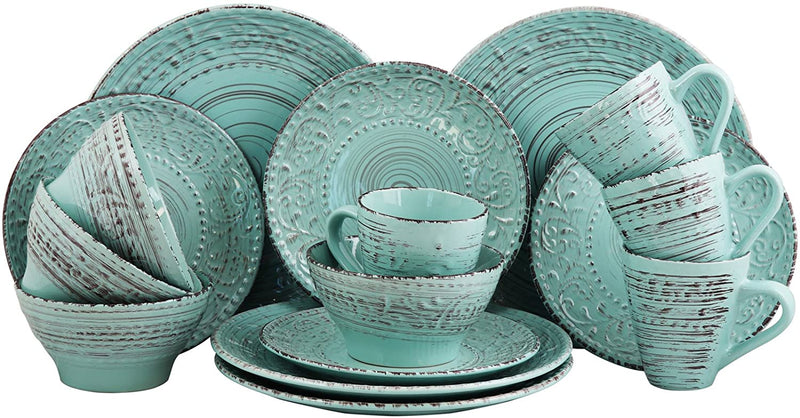 Elama Embossed Stoneware Ocean Dinnerware Dish Set, 16 Piece, Turquoise Home & Garden > Kitchen & Dining > Tableware > Dinnerware Elama Turquoise 16 Piece 