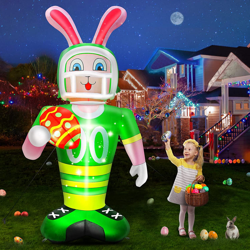 7FT Giant Easter Inflatables Outdoor Decoration,Easter Blow up Football Bunny with Egg Decor Build-In LED Green Helmet Rugby Rabbit Arch Home Holiday Party Indoor Yard Garden Lawn Décor Clearance