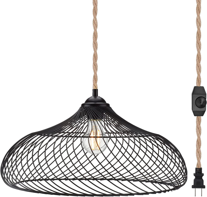 ROMGUAR CRAFT Plug in Pendant Light, Hanging Light with 15.5Ft Hemp Rope Cord, Hanging Lamp with Dimmable Switch, Black Metal Shade, Hanging Light Fixture for Kitchen Bedroom Living Room Dining Table Home & Garden > Lighting > Lighting Fixtures ROMGUAR CRAFT 16.8 Inch  