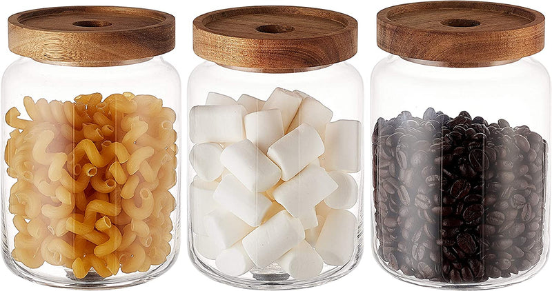 Kmwares Set of 4 18Oz X 4 Clear Glass Food Jars/Canisters with Airtight Seal Acacia Wood Lids for Kitchen/Bathroom/Pantry Storage, Candy, Snack, Leaf Tea, Coffee Bean, Dry Food(Small) Home & Garden > Decor > Decorative Jars Kenmore Housewares LLC MediumX3  