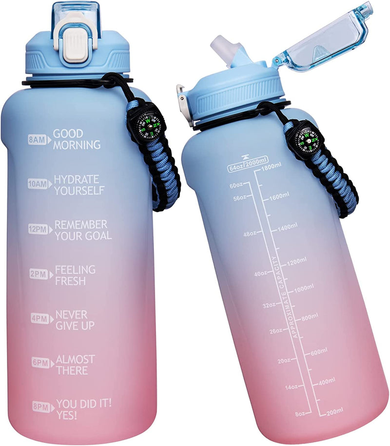 Seekua Half Gallon / 64 Oz Large Water Bottle with Straw & Time Marker Motivational Sports Drinking Bottle with Paracord Handle & Reminder (Transparent Black) Sporting Goods > Outdoor Recreation > Winter Sports & Activities Seekua Light Blue / Pink  