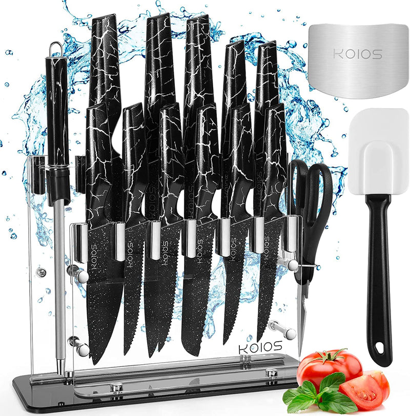 Knife Set, 16 Pcs Kitchen Knife Set, Sharp Stainless Steel Chef Knife Set with Acrylic Stand, Nonstick Knife Sets for Kitchen with Block - 6 Serrated Steak Knives, Scissors, Sharpening Steel, Black Home & Garden > Kitchen & Dining > Kitchen Tools & Utensils > Kitchen Knives KOIOS   