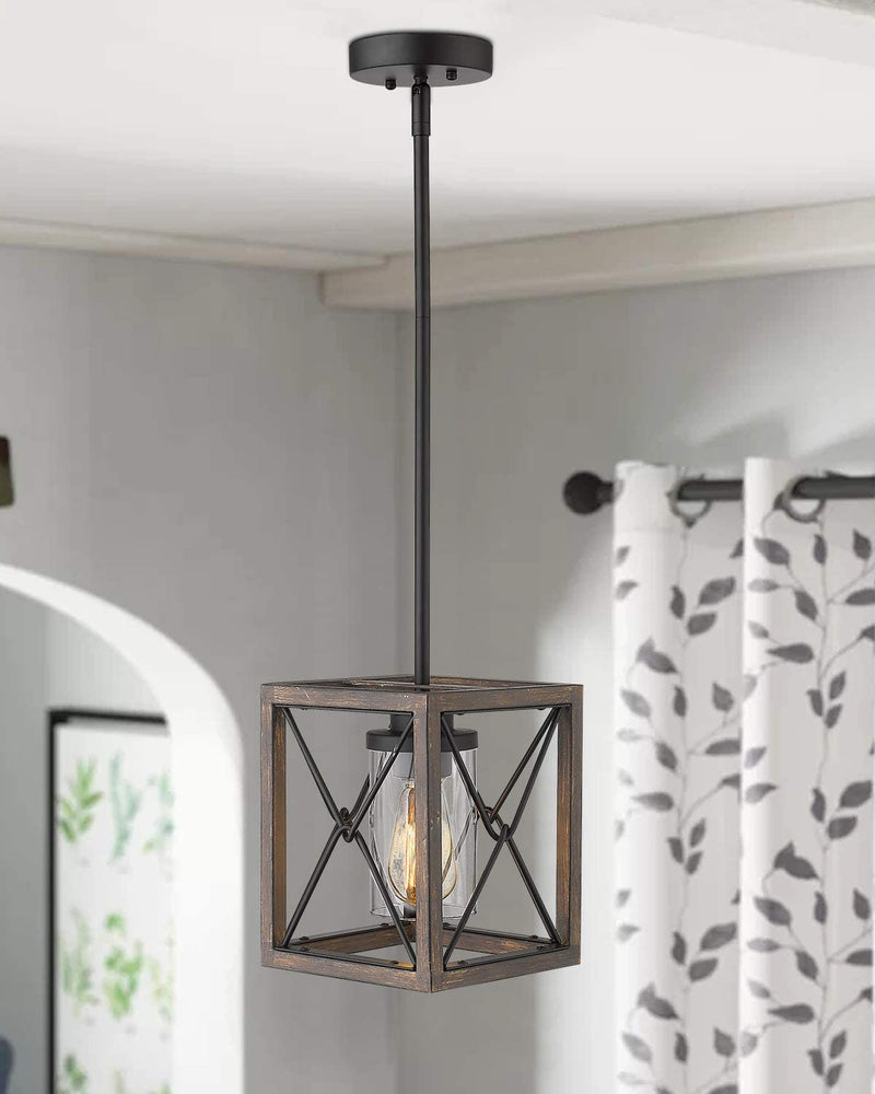 Zeyu 1-Light Farmhouse Pendant Light, Vintage Cage Hanging Light with Clear Glass Shade in Wood and Black Finish, 011-1 WF/BK Home & Garden > Lighting > Lighting Fixtures zeyu   