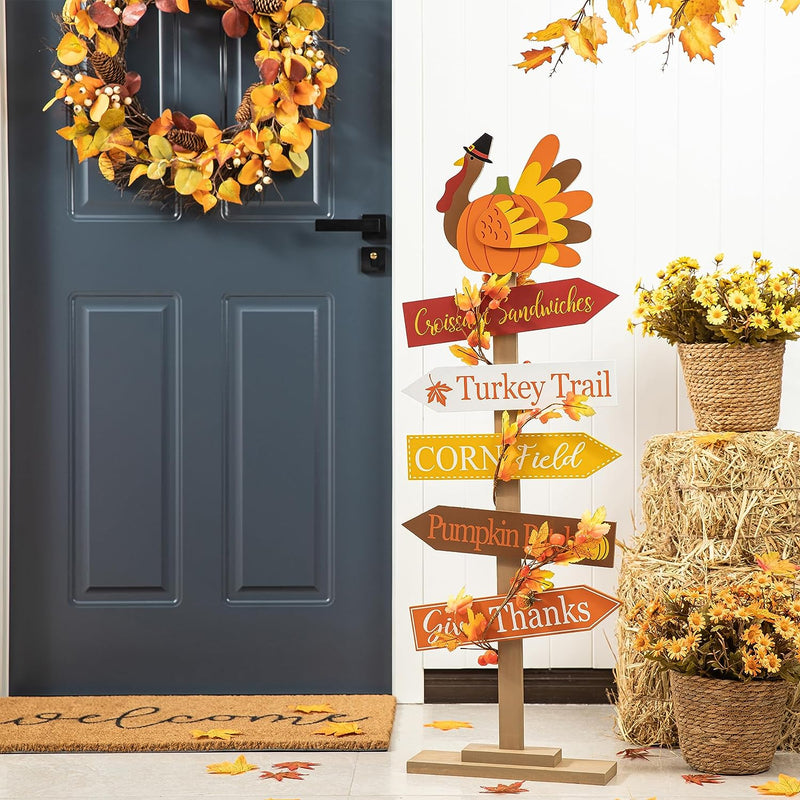 Glitzhome Fall Wooden Scarecrow Family with Wreath Porch Decor Rustic Fall Harvest Lighted Scarecrow Yard Sign Farmhouse Porch Sign Standing Decor for Fall Harvest Autumn Thanksgiving  Glitzhome Turkey Direction  