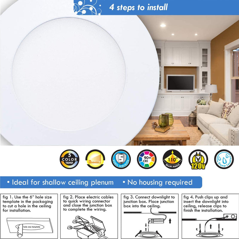 Mw 4 Inch Canless 5 Selectable Color Temperature Ultra-Slim round LED Downlight with Smooth Flat Trim 30PK, Junction Box Included, 2700/3000/3500/4000/5000K, Dimmable, 650LM, Energy Star