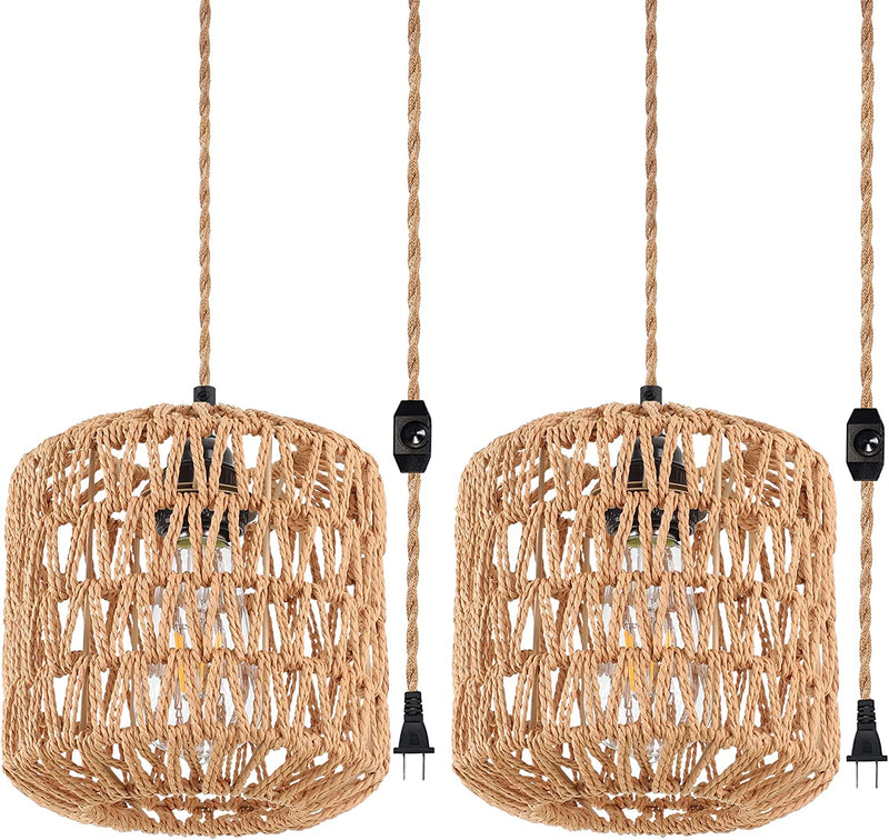 Plug in Pendant Light Rattan Hanging Lights with Plug in Cord Wicker Hanging Lamp Dimmable,Handmade Woven Boho Bamboo Basket Lamp Shade,Plug in Ceiling Light Fixture for Living Room Bedroom Kitchen Home & Garden > Lighting > Lighting Fixtures QIYIZM Rattan Pendant Light-2Pack  