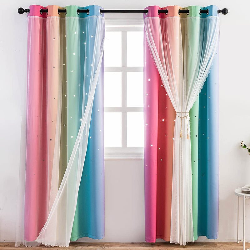 Reepow Rainbow Kids Blackout Curtains for Boys Girls Bedroom Playroom, Tulle Overlay Star Cut Out Curtains with Stainless Steel Gromment Top - 52" X 63" X 2 Panels Sporting Goods > Outdoor Recreation > Fishing > Fishing Rods Reepow Rainbow 52×63×2 Panels 