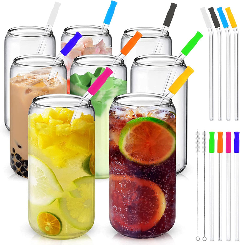 Drinking Glasses with Glass Straw 8Pcs Set, 16Oz Clear Can Shaped Glass Cups, Beer Glasses, Iced Coffee Glass, Cocktail Glass, Whiskey Glass, Unique Cute Glass Set Gift, Cleaning Brushes & Straw Tips Home & Garden > Kitchen & Dining > Tableware > Drinkware YKIOKE   