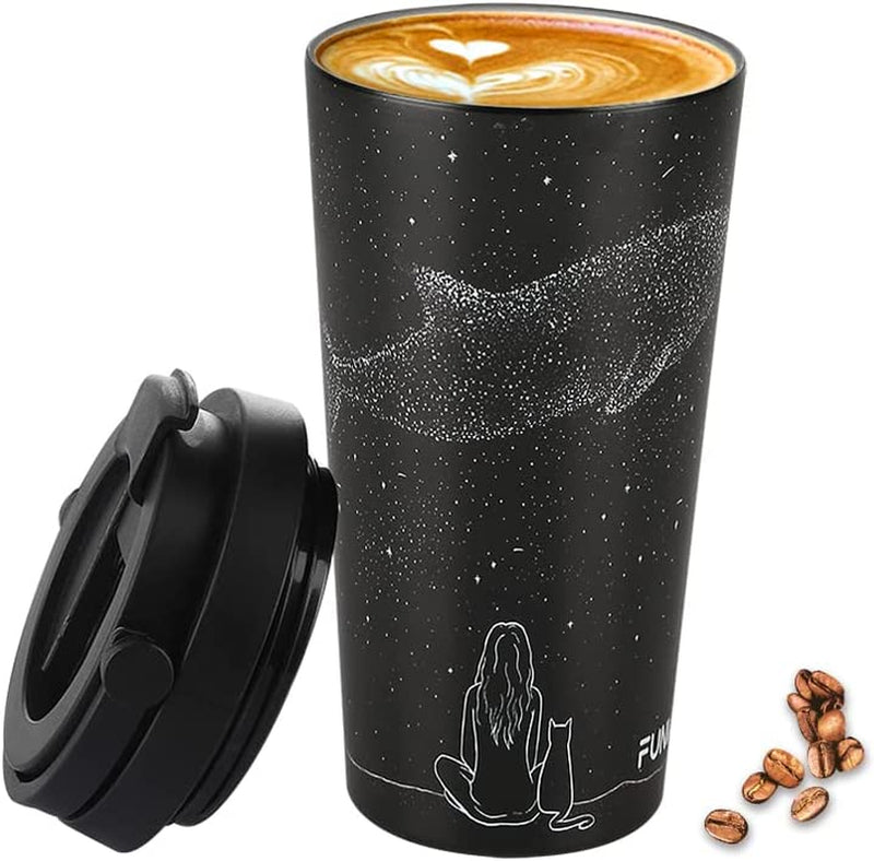 Funkrin Insulated Travel Coffee Mug with Ceramic Coating, Personalized Gifts for Men Women Kids, 16Oz Stainless Steel Tumbler with Flip Lid Portable Handle, Double Wall Leak-Proof Thermos Mug Home & Garden > Kitchen & Dining > Tableware > Drinkware Funkrin Black Whale 1 Count (Pack of 1) 