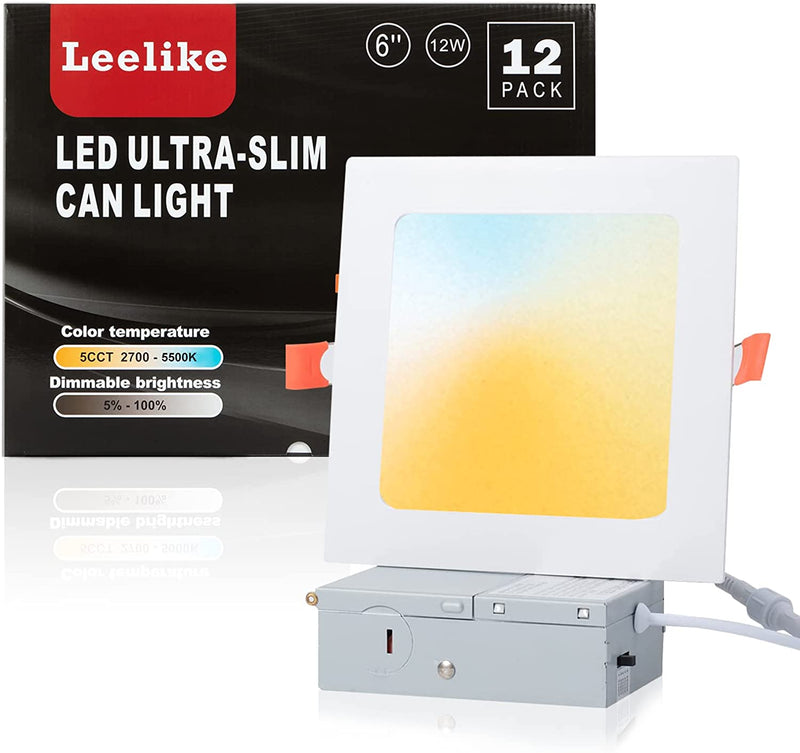 Leelike 12 Pack 6 Inch 12W Dimmable Square LED Can Light Retrofit with Junction Box, 960Lm/Cri85 Ultra Thin LED Downlight 5CCT 2700K-5500K Adjustable with a Simple Switch IC Rated,Etl Certified Home & Garden > Lighting > Flood & Spot Lights Leelike   
