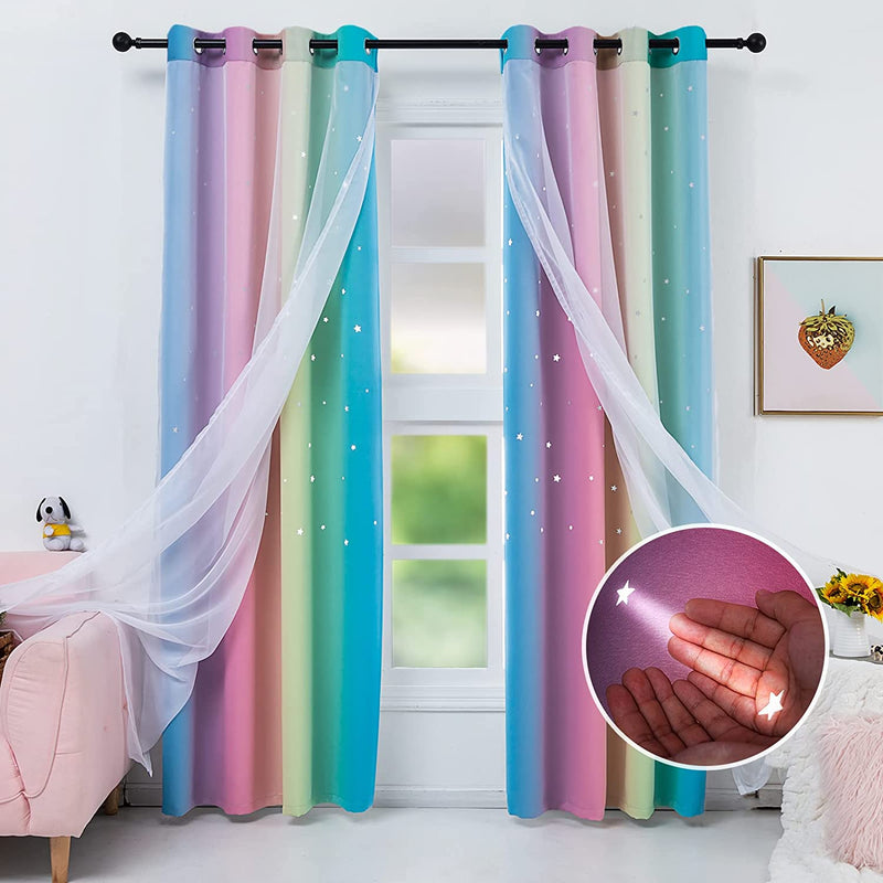Drewin 2 Panel Girls Curtains for Bedroom 63 Inches Length Stars Cut Out Pink Blackout Curtain Kids Room Darkening 2 in 1 Rainbow Ombre Stripe Double Layer Window Drapes Nursery,52X63 in Pink & Grey Home & Garden > Decor > Window Treatments > Curtains & Drapes Drewin Colorful W52" x L63",2 Panels 