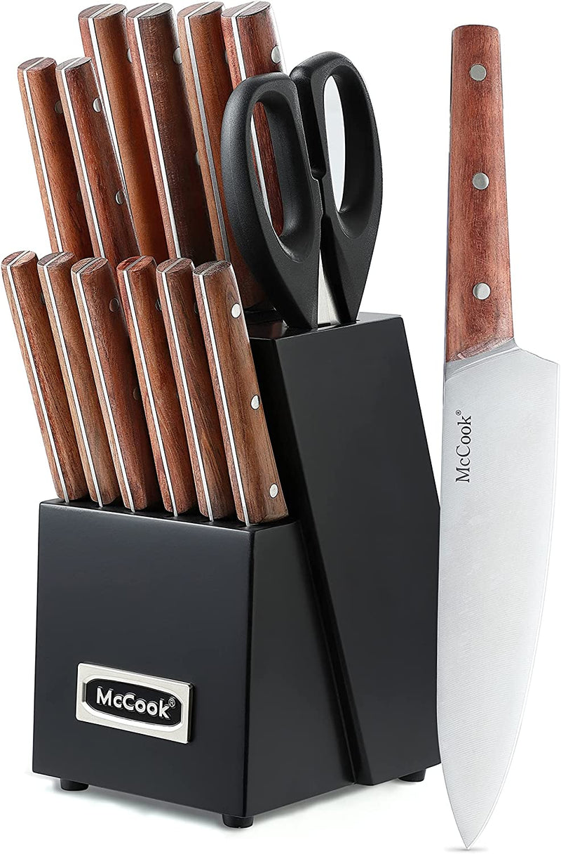 DISHWASHER SAFE MC701 Black Knife Sets of 26, Mccook Stainless Steel Kitchen Knives Block Set with Built-In Knife Sharpener,Measuring Cups and Spoons Home & Garden > Kitchen & Dining > Kitchen Tools & Utensils > Kitchen Knives McCook Rosewood handle without endcap/black block 15 Pieces 