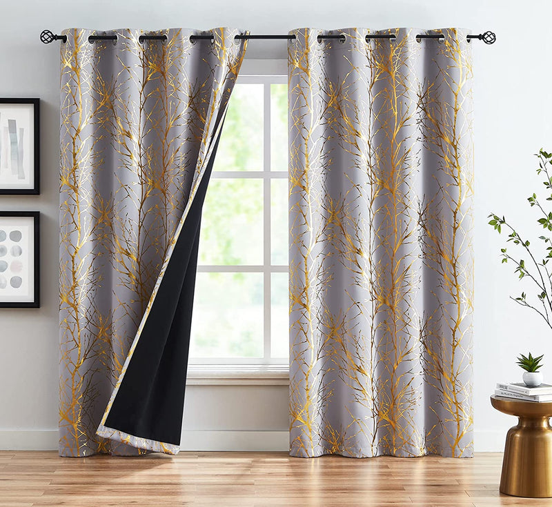 FMFUNCTEX Branch Grey Blackout Curtain Panels for Bedroom 84" Foil Gold Tree Branch Window Curtains Metallic Print Energy Efficient Thermal Curtain Drapes for Guest Living Room Grommet Top 2 Panels Home & Garden > Decor > Window Treatments > Curtains & Drapes FMFUNCTEX Gold /Grey 50" x 84"L 