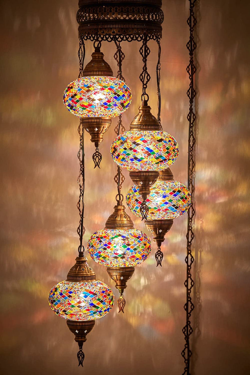 DEMMEX Swag Plug in Light, Turkish Moroccan Colorful Mosaic Wall Plug in Ceiling Hanging Light Chandelier Lighting with 15Feet Chain Cord & Plug, 5 Big Shades (Multi) Home & Garden > Lighting > Lighting Fixtures > Chandeliers DEMMEX Anatolian Rug  